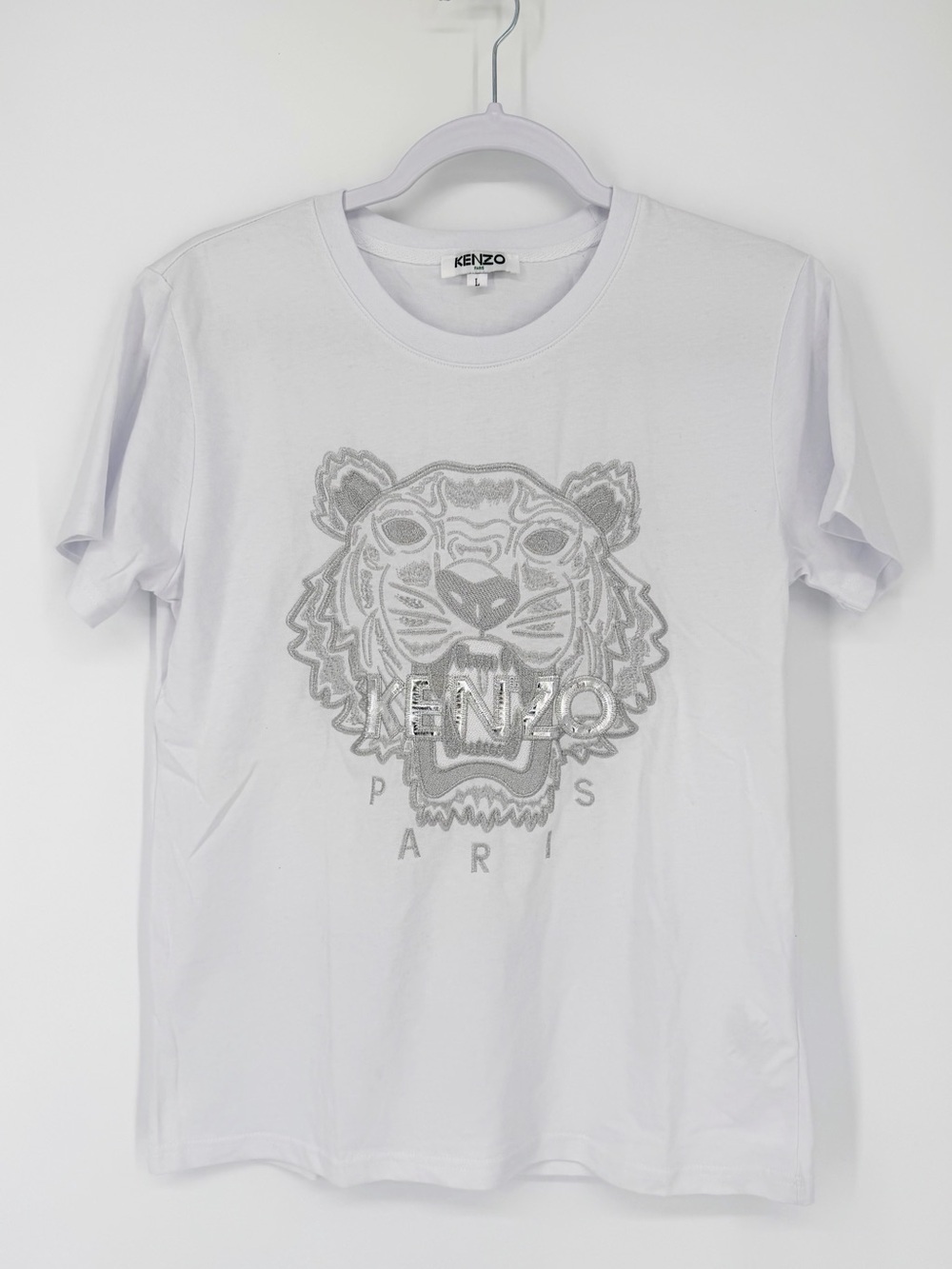 KENZO Paris Silver Embroidered Lion Head T Shirt Large